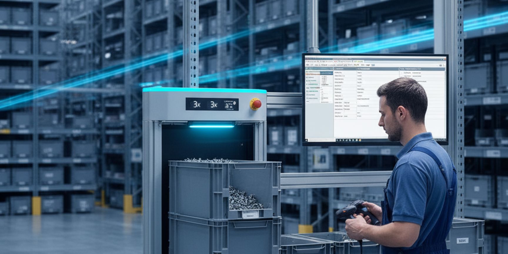 Employees at a modern goods-to-man picking workstation in an automated warehouse, removing small parts from a container, supported by a monitor and a handheld device